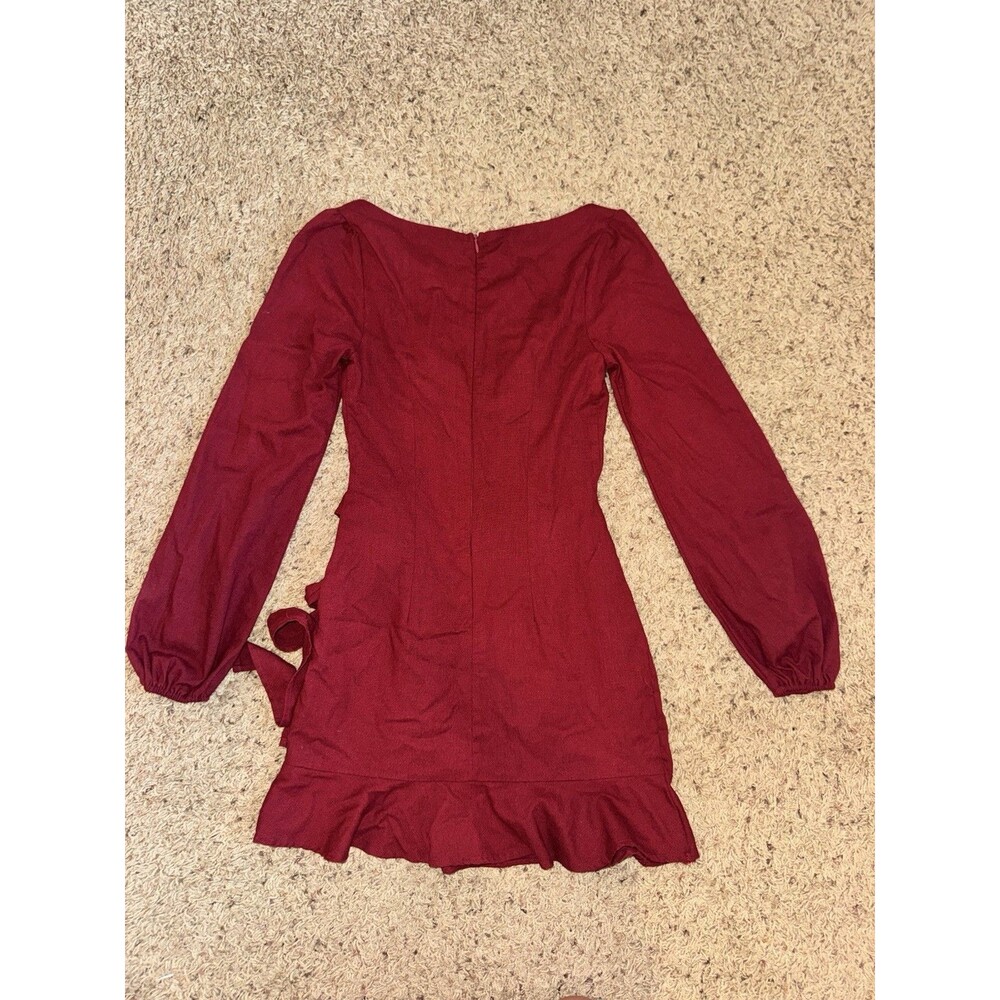 Princess Polly Burgundy Wrap Mini Dress Square Neck Long Puff Sleeve Ruffle US 2